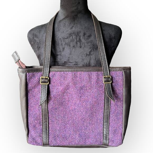Barrhead Leather Brown Dearskin Aisling Medium Sized Bag w/ Purple Harris Tweed - Picture 2 of 16